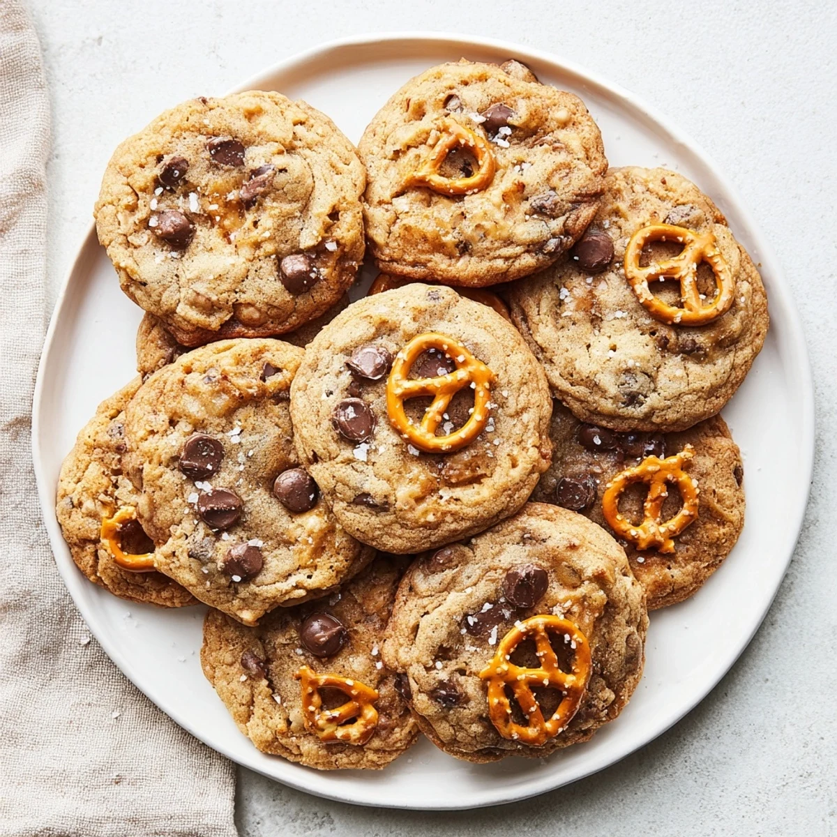 Golden browned butter salted caramel honey pretzel chocolate chip cookies with gooey caramel pools and crunchy pretzel pieces