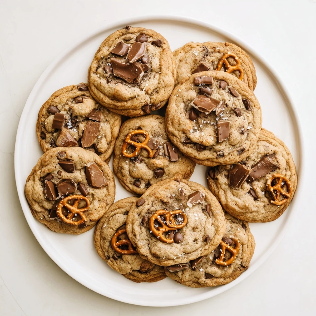 Chewy brown butter salted caramel honey pretzel chocolate chip cookies stacked high with melted chocolate and salty pretzel chunks visible
