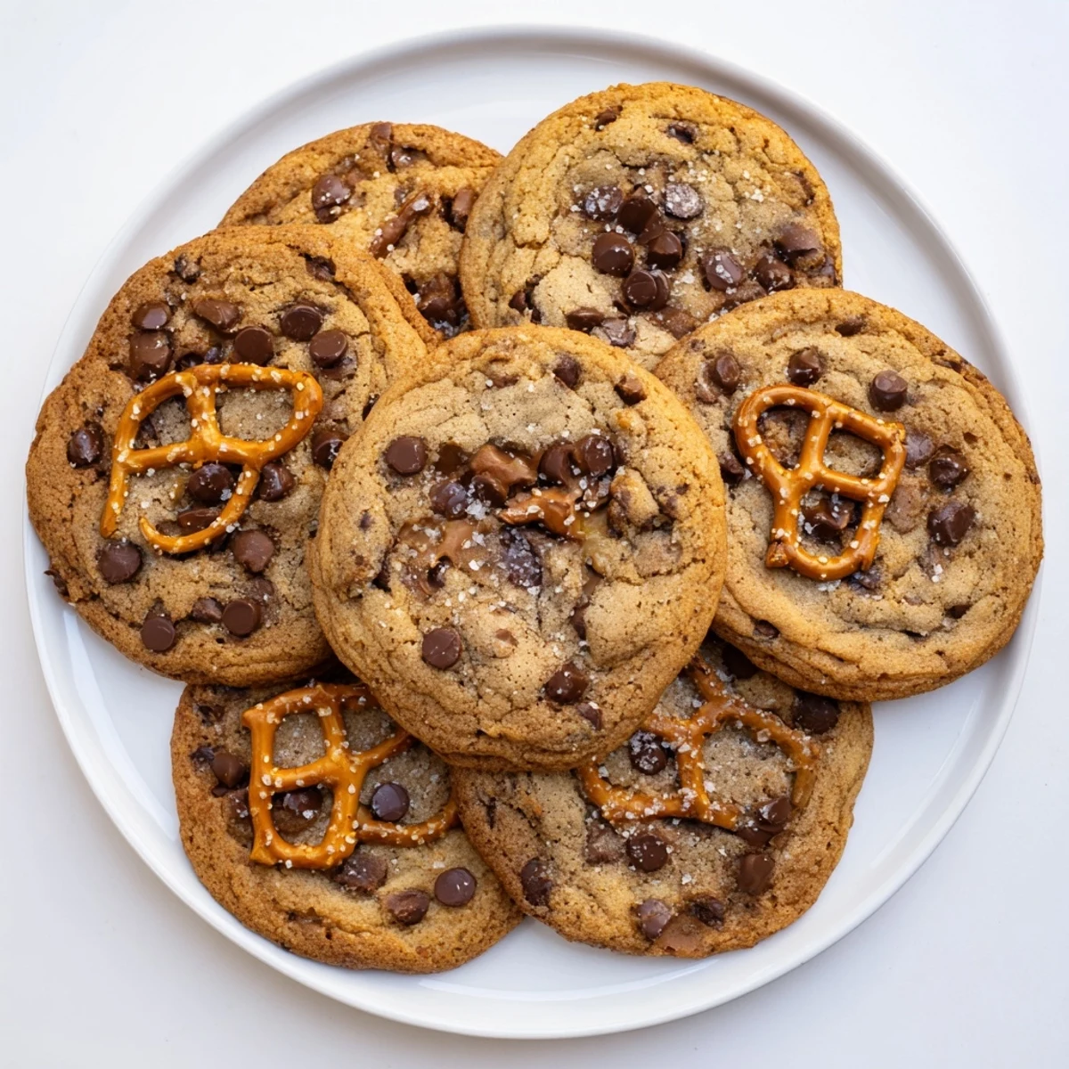 Freshly baked brown butter salted caramel honey pretzel chocolate chip cookies sprinkled with flaky sea salt on a wooden board