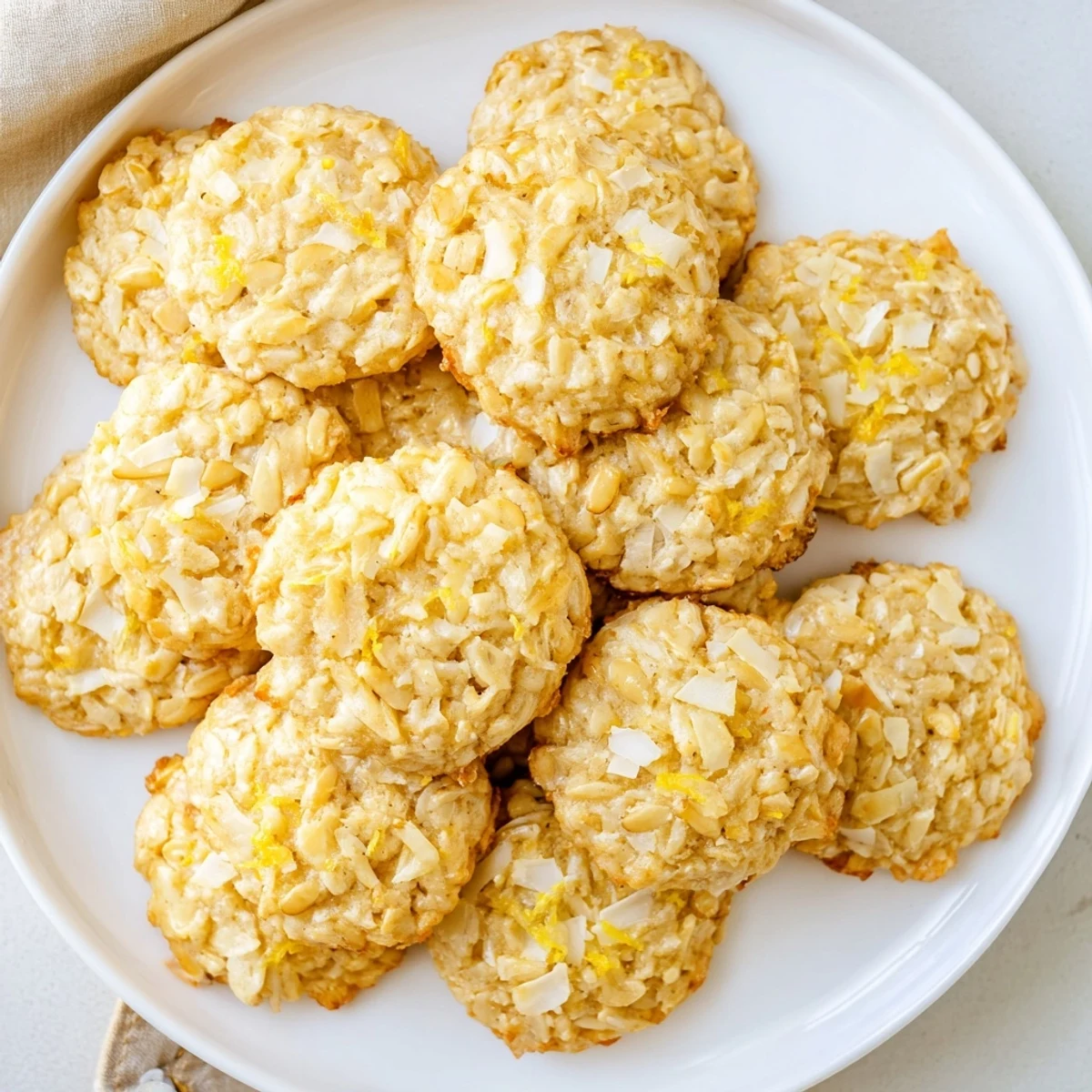 Golden gluten-free lemon coconut crunch cookies with crispy edges and chewy centers on a white plate