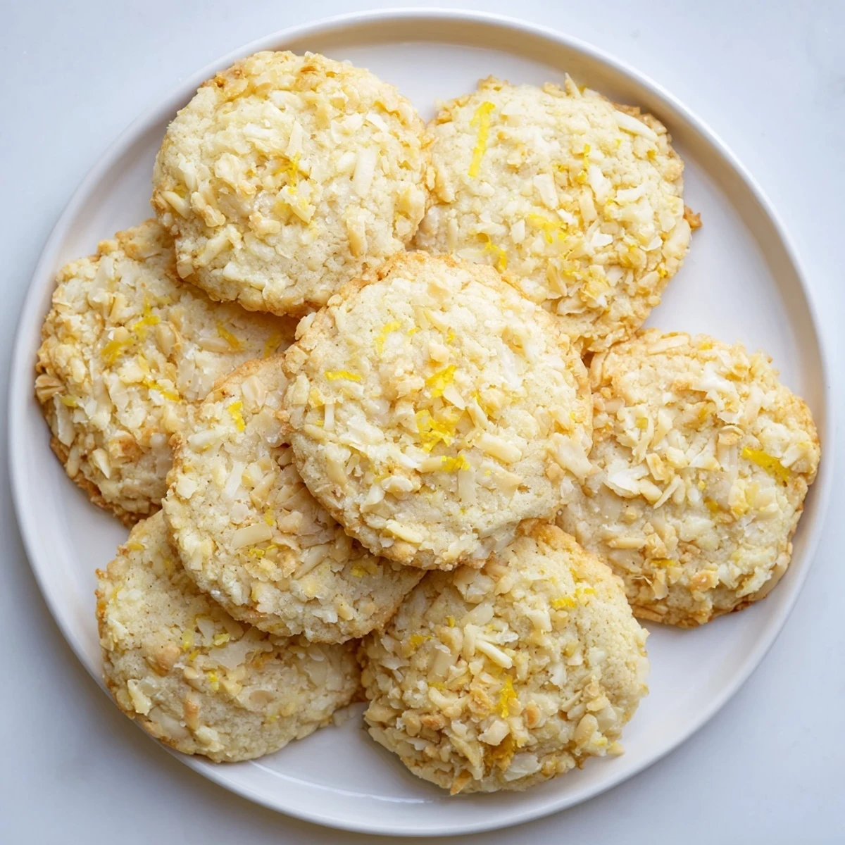 Freshly baked gluten-free lemon coconut crunch cookies featuring shredded coconut and golden brown edges