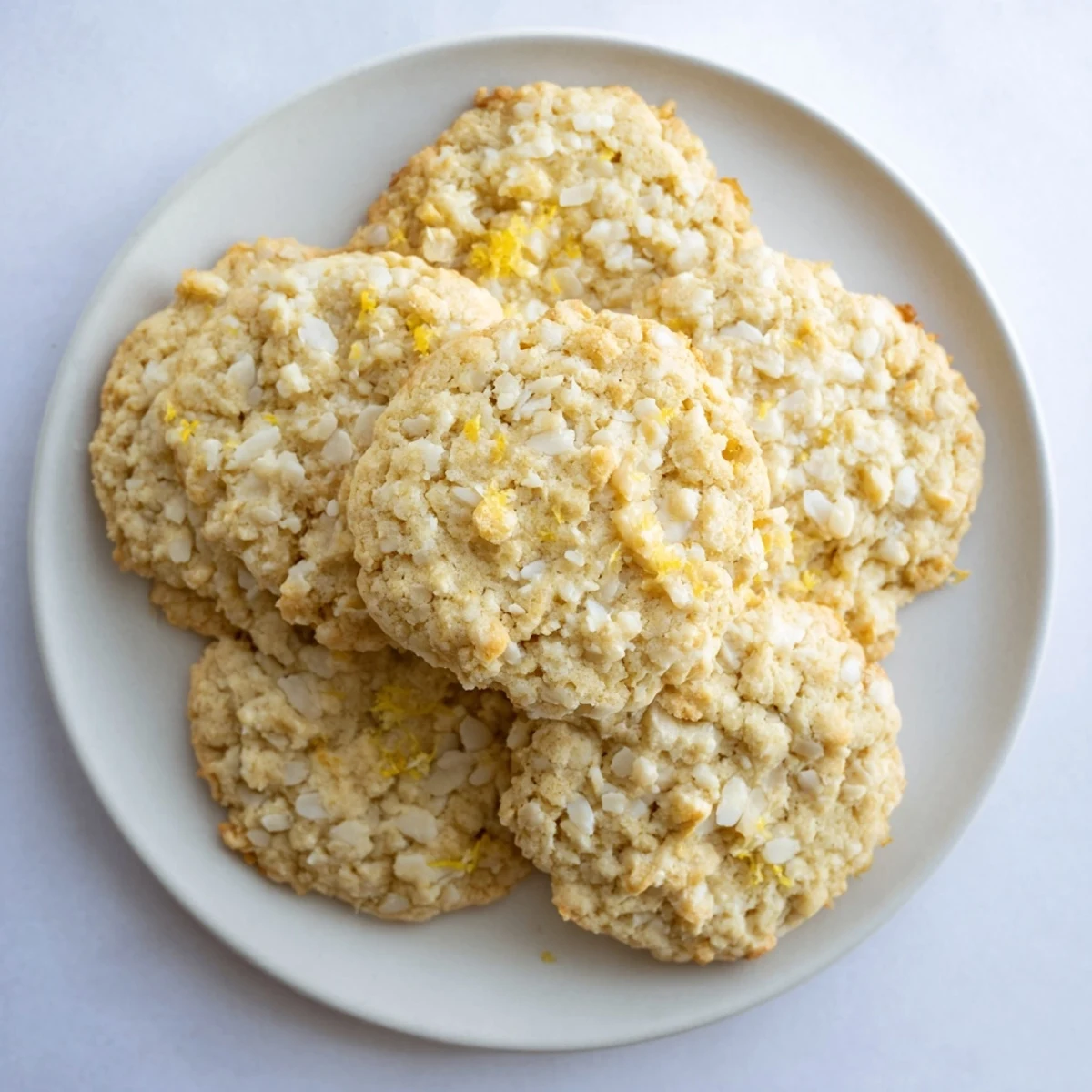 Stack of gluten-free lemon coconut crunch cookies with visible coconut flakes and crispy texture