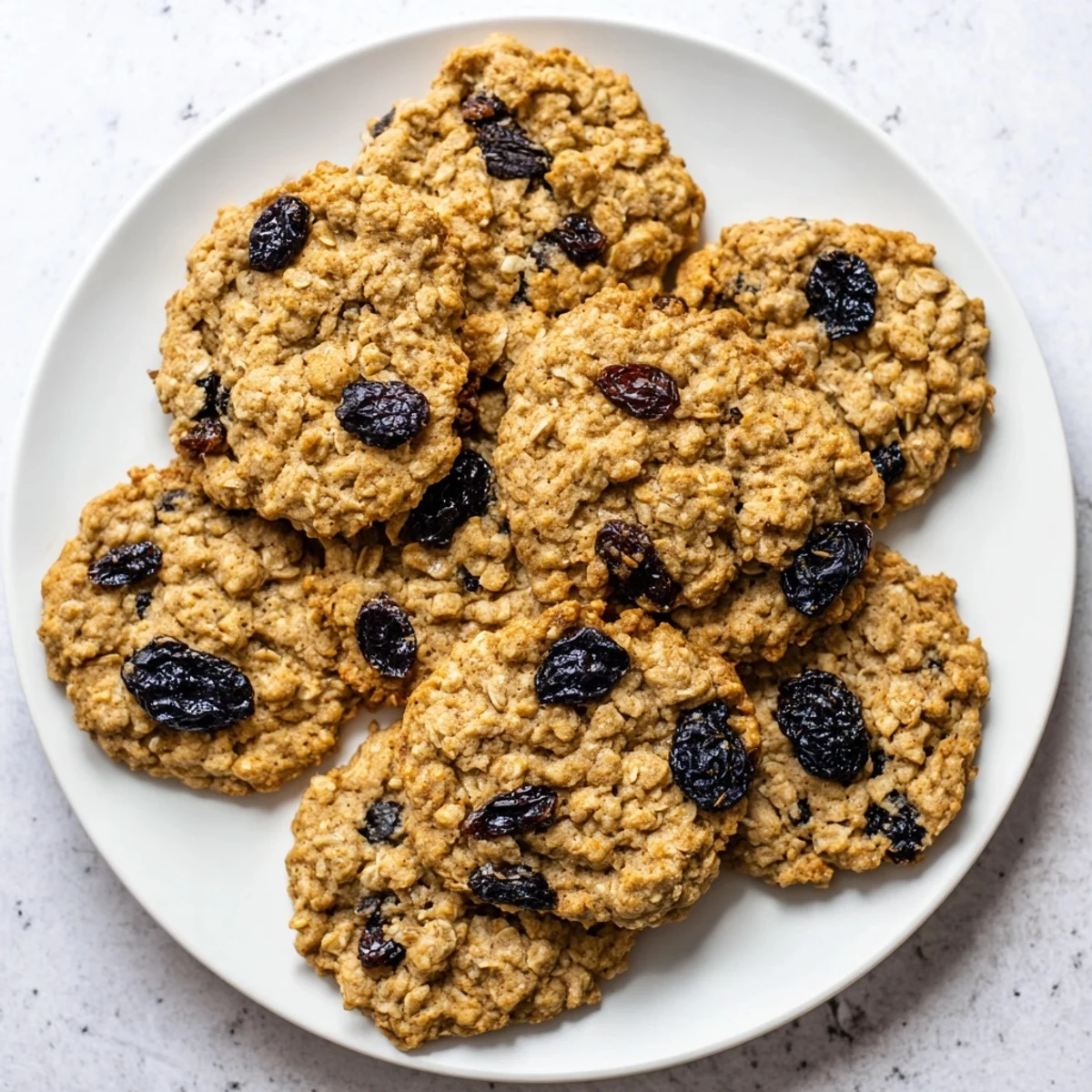 Stack of homemade vegan blueberry blackberry cream oatmeal raisin cookies with plump fruit visible throughout