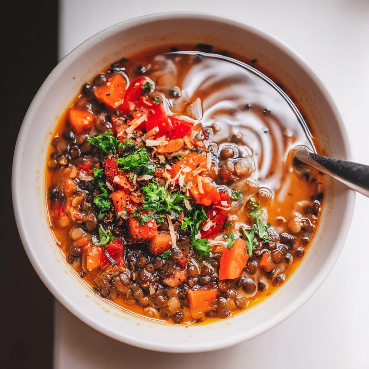 Spiced Coconut Tomato Black Lentil Hearty Soup steaming, creamy broth and cilantro  