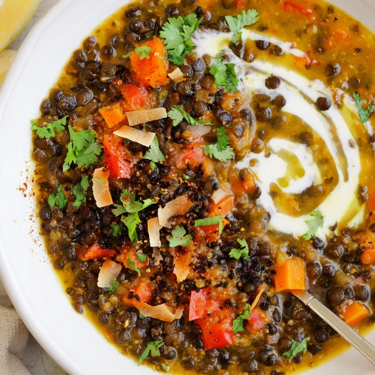 A rustic bowl of Spiced Coconut Tomato Black Lentil Hearty Soup with naan  