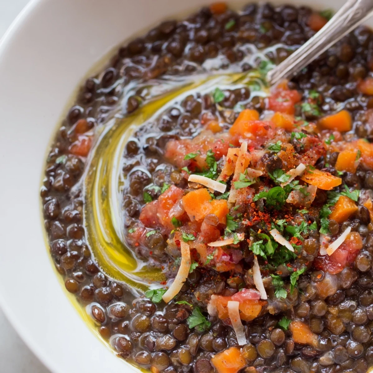 Warm Spiced Coconut Tomato Black Lentil Hearty Soup, tangy tomato aroma, toasted coconut