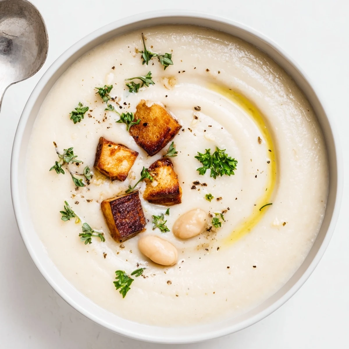 Creamy Roasted Celeriac and White Bean Hearty Soup garnished with parsley, olive oil.