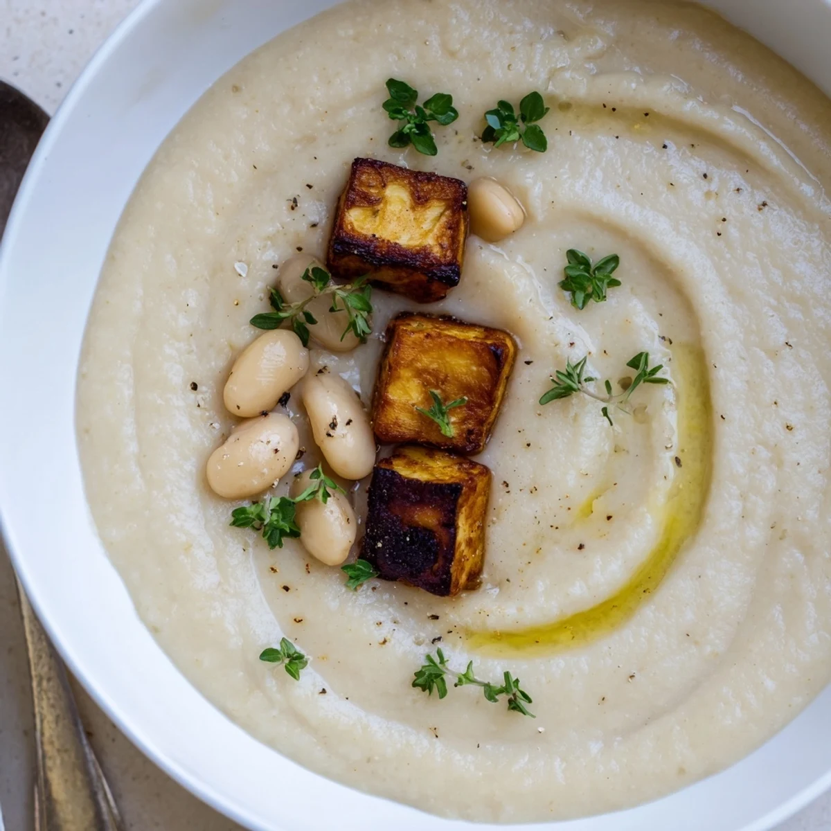 Bowl of Creamy Roasted Celeriac and White Bean Hearty Soup, silky and steaming.
