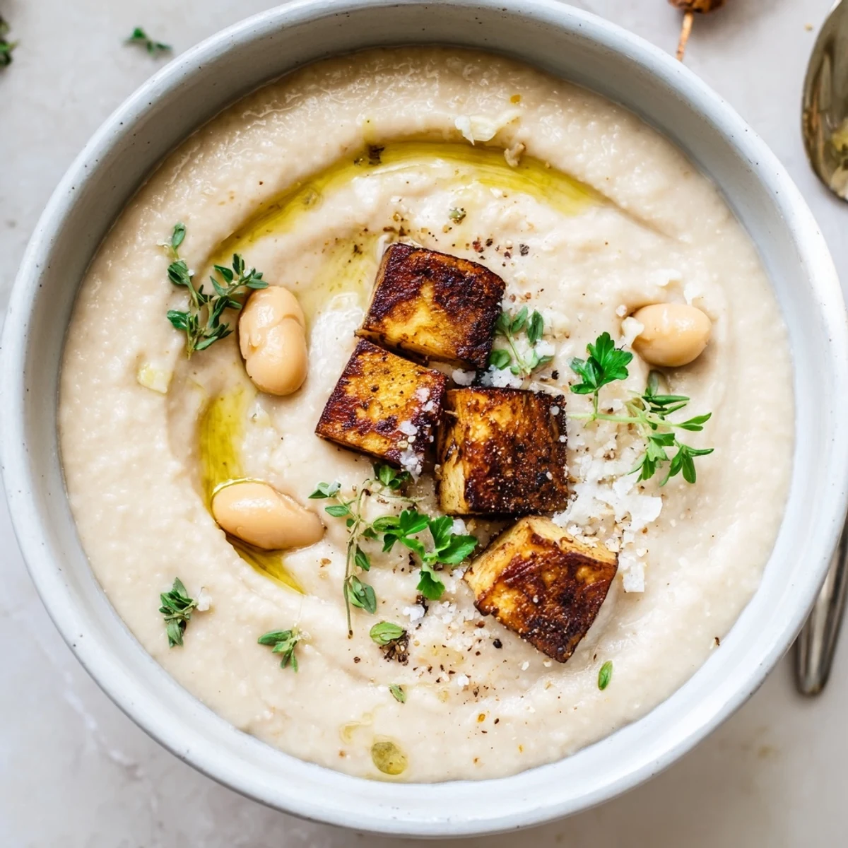 Warm ladle of Creamy Roasted Celeriac and White Bean Hearty Soup, herb-scented.