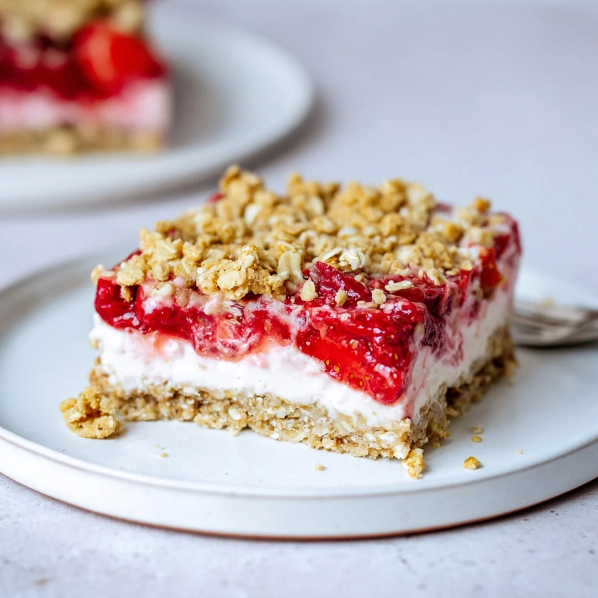 Strawberry Vanilla Cashew Cream Crumble Squares cooling on parchment, golden crumble top.