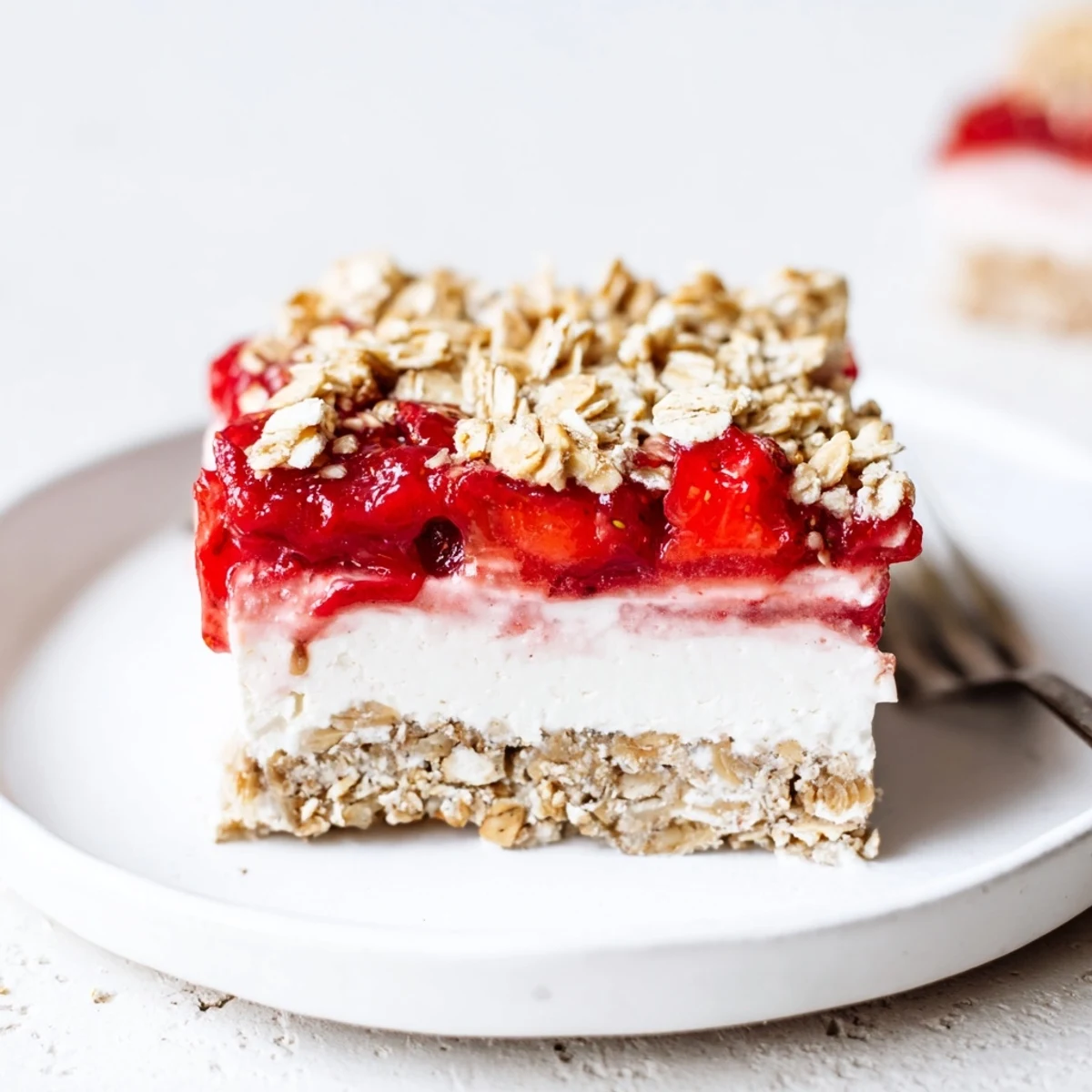 Sliced Strawberry Vanilla Cashew Cream Crumble Squares showing glossy strawberry layer and creamy filling.