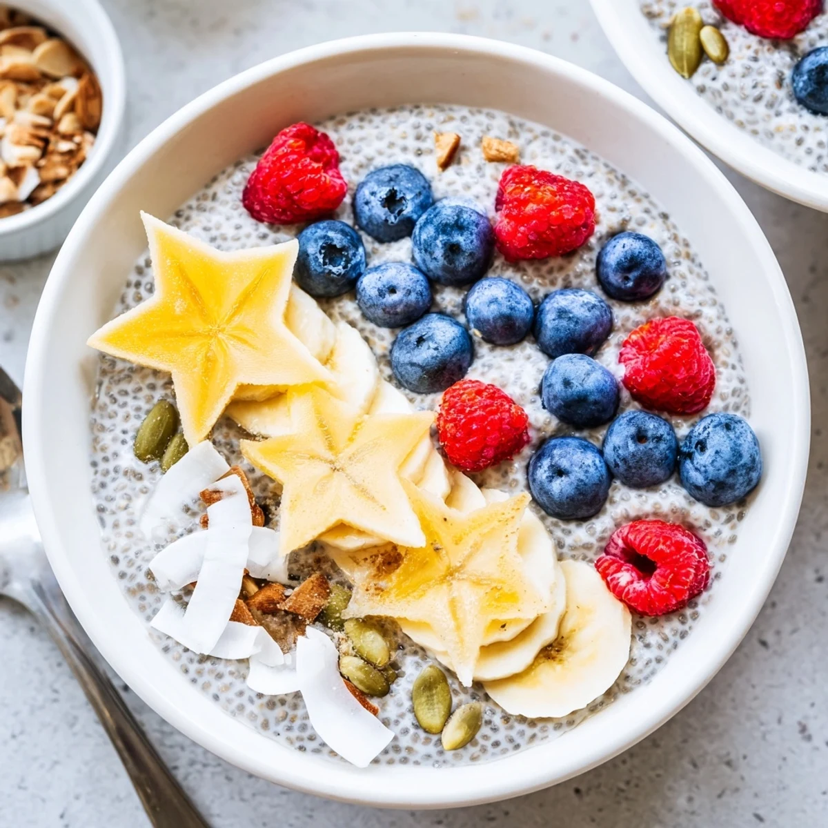 Vibrant Starfruit Coconut Vanilla Chia Breakfast Bowl with sliced banana and berries