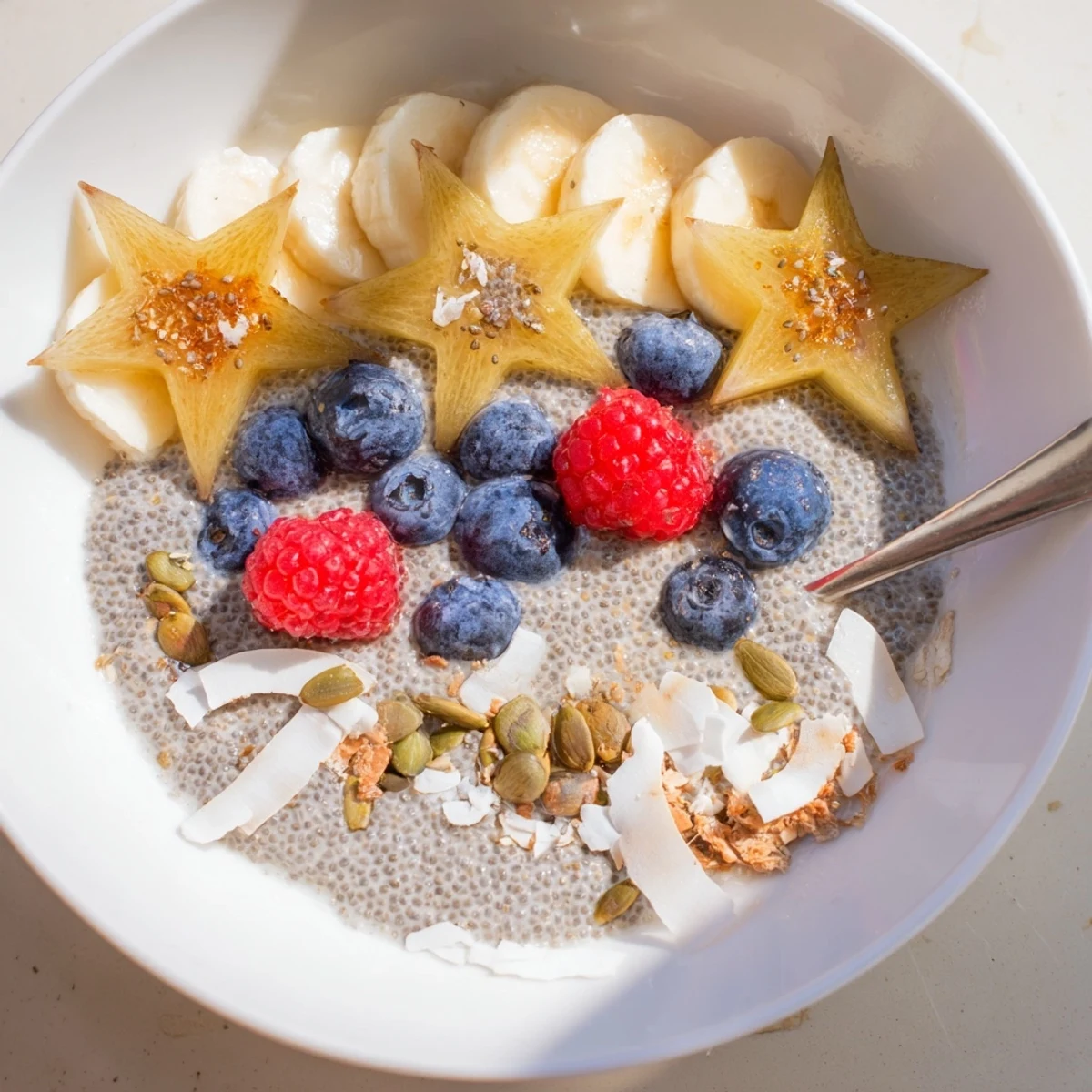 Creamy chilled Starfruit Coconut Vanilla Chia Breakfast Bowl topped with toasted coconut