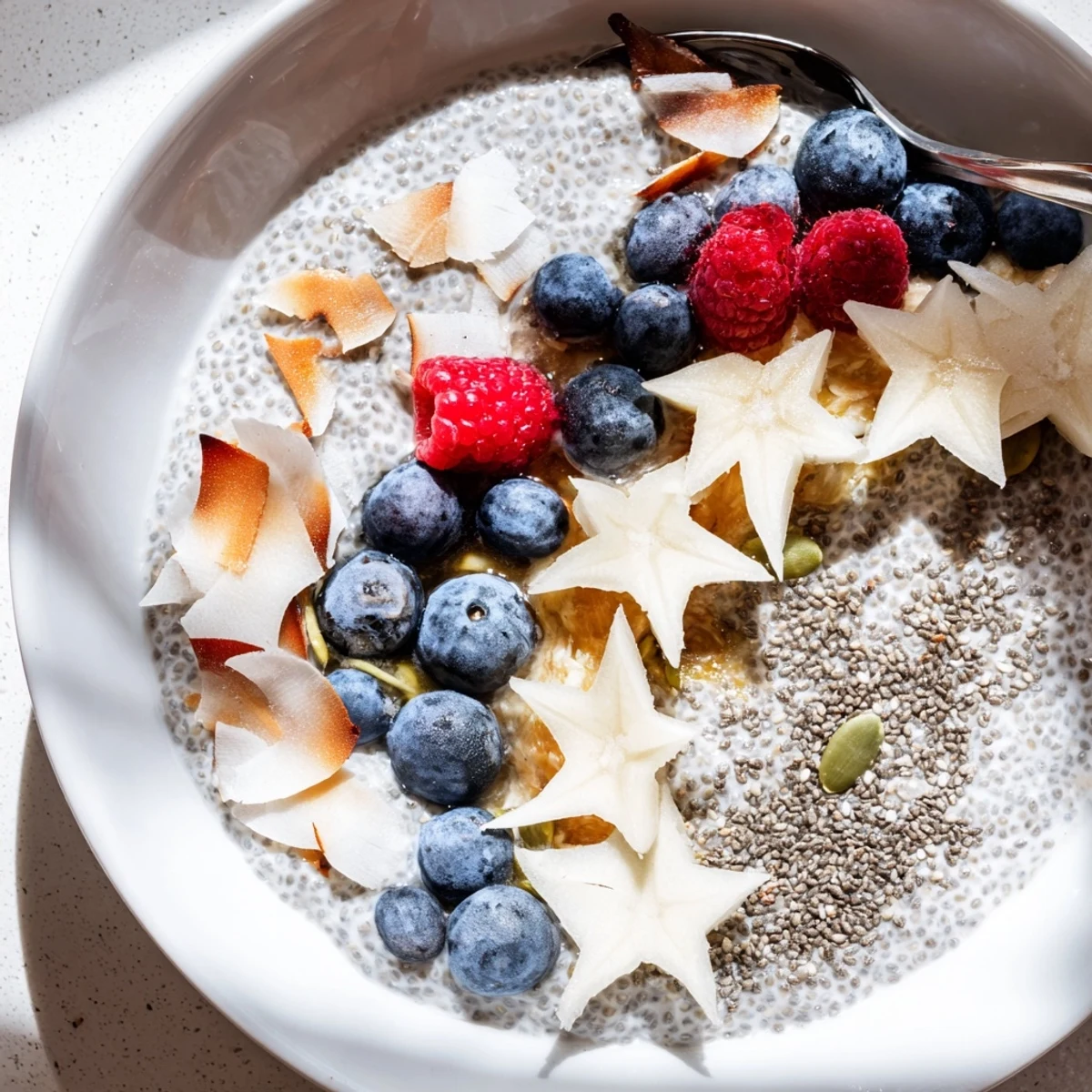 Small wooden spoon beside Starfruit Coconut Vanilla Chia Breakfast Bowl, creamy and fruit-topped