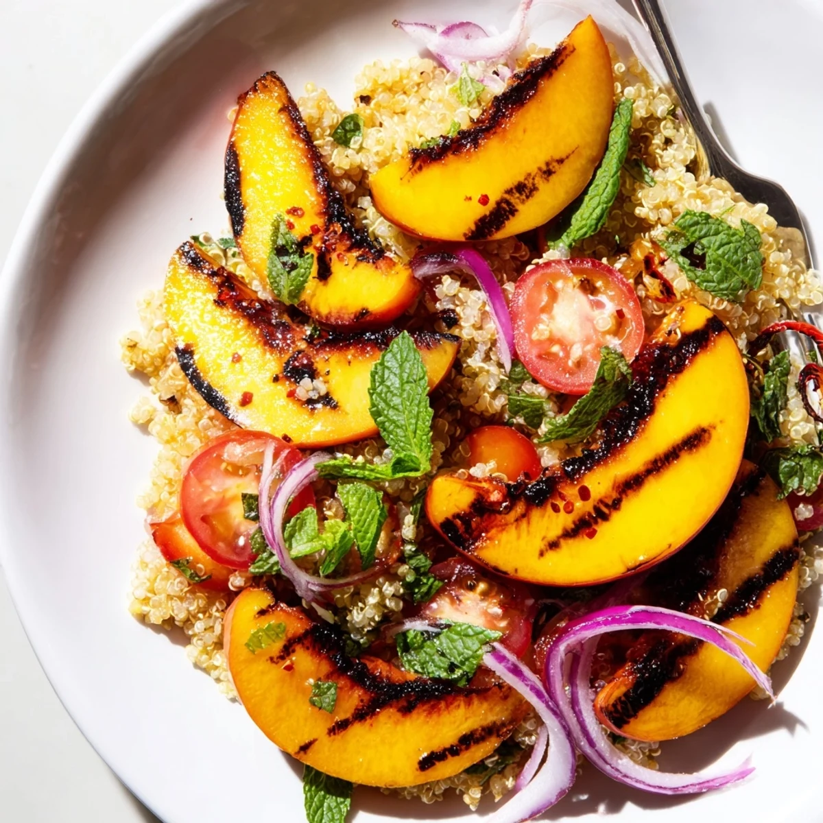 Grilled Peach Chili Mint Quinoa Grain Salad with smoky charred peaches, fluffy quinoa.