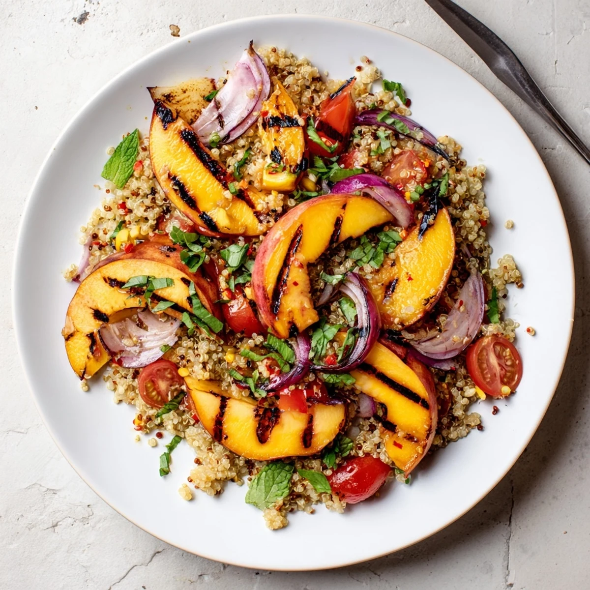 Bright lime-dressed Grilled Peach Chili Mint Quinoa Grain Salad with juicy tomato bursts.
