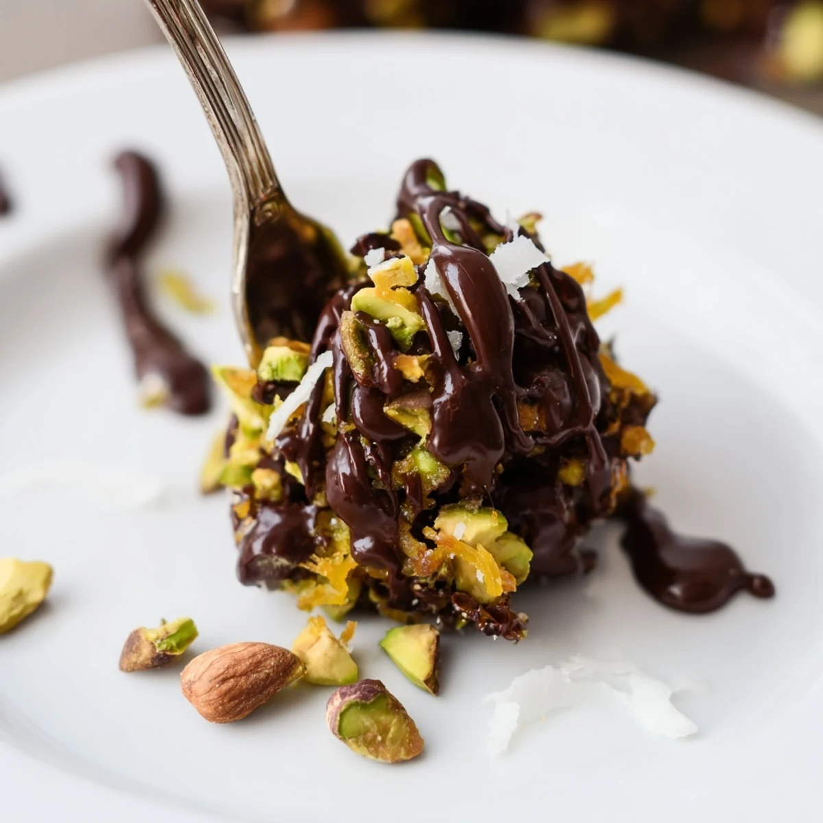 Dark Chocolate Pistachio Coconut Date Clusters nestled on parchment, glossy chocolate, toasted coconut