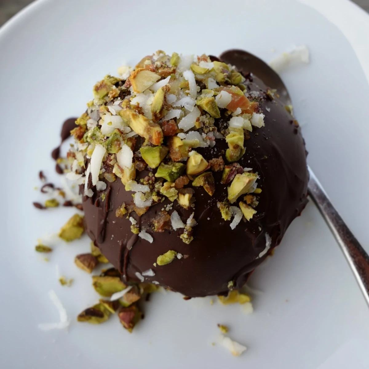Hand-dipped Dark Chocolate Pistachio Coconut Date Clusters cooling on tray, sprinkled with sea salt