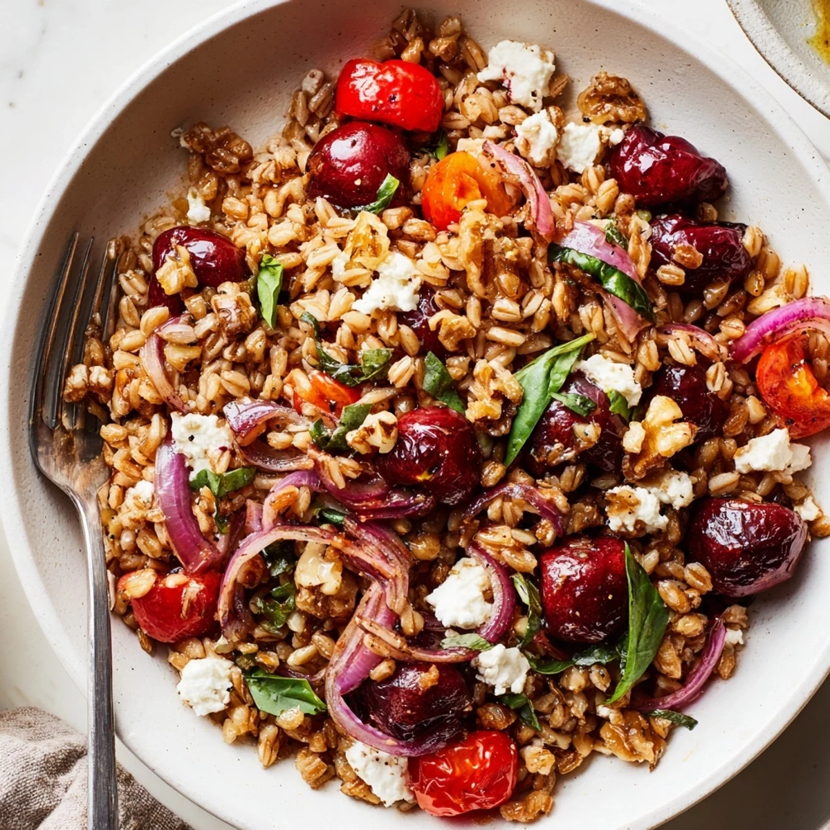 Rustic Roasted Cherry Basil Farro Grain Salad tossed with toasted walnuts, tangy dressing.