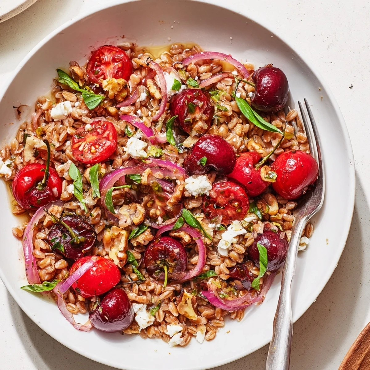 Roasted Cherry Basil Farro Grain Salad with caramelized cherries, torn herb leaves, feta.