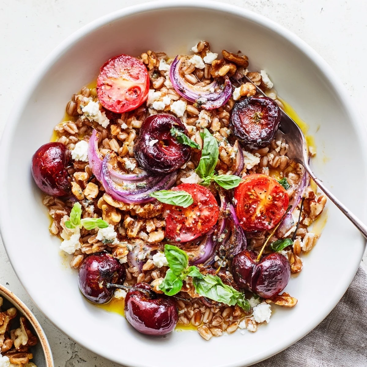 Colorful Roasted Cherry Basil Farro Grain Salad served as summer side with lemon.