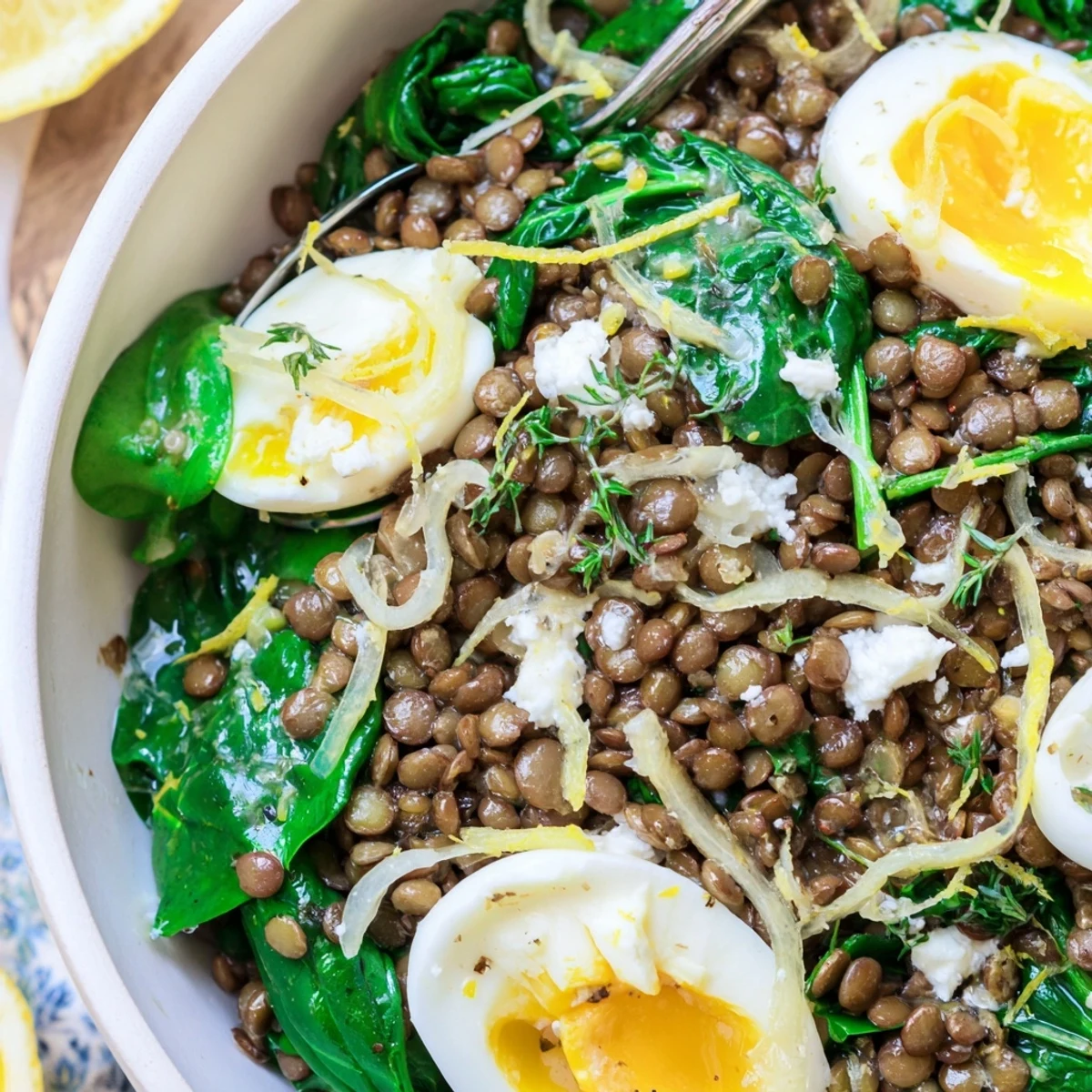 Warm hearty Savory Lemon Garlic Lentil and Spinach Breakfast Bowl with whole grain toast