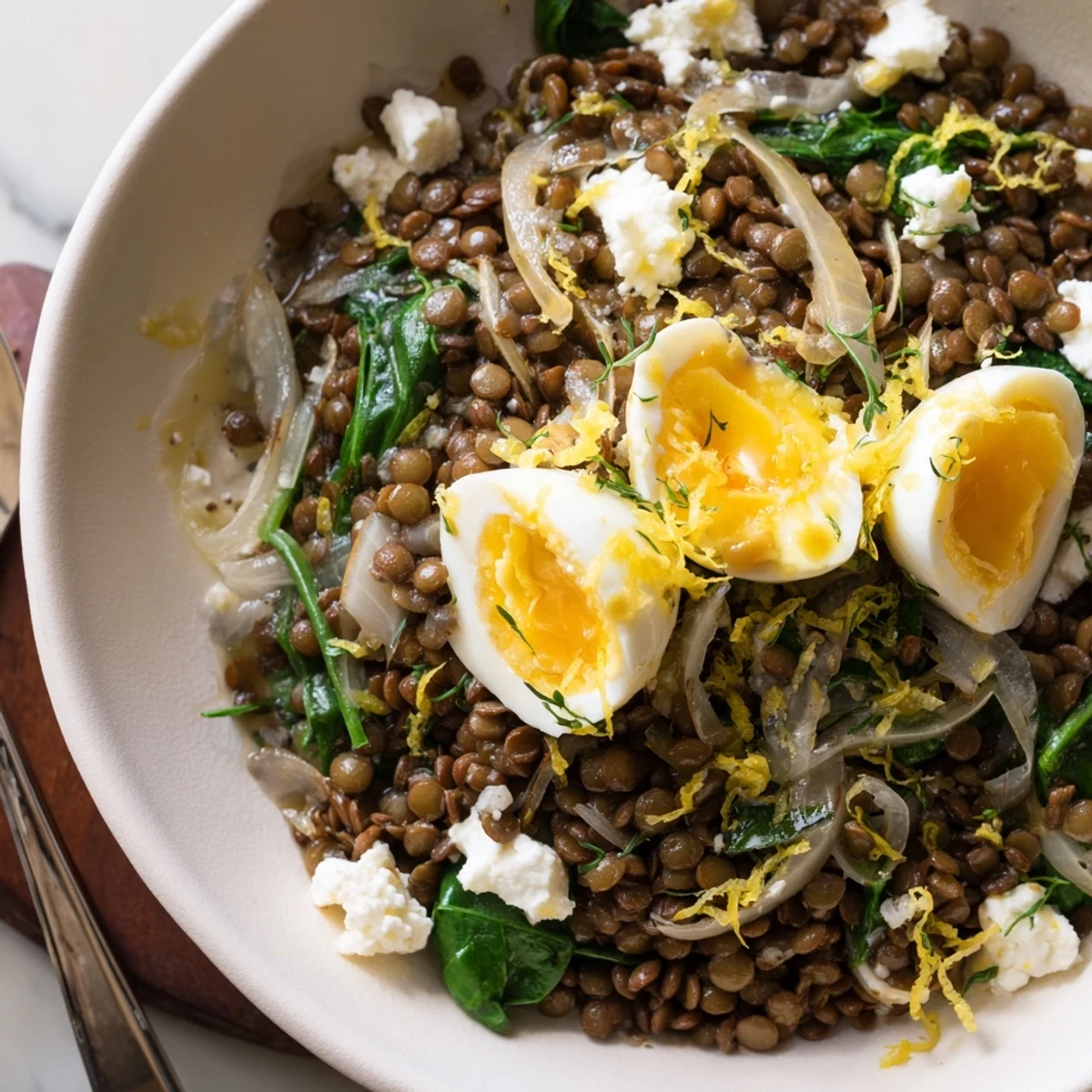 Steaming Savory Lemon Garlic Lentil and Spinach Breakfast Bowl topped with soft boiled egg