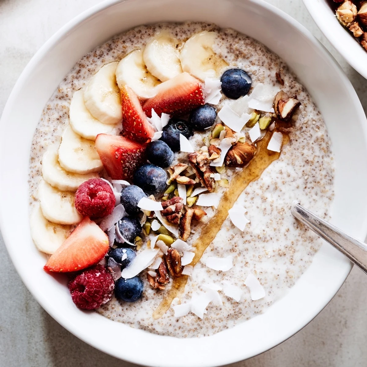 Creamy Vanilla Cardamom Teff Porridge Breakfast Bowl topped with berries and nuts