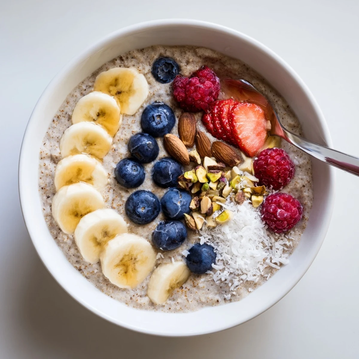 Warm Vanilla Cardamom Teff Porridge Breakfast Bowl steaming, drizzled with amber honey