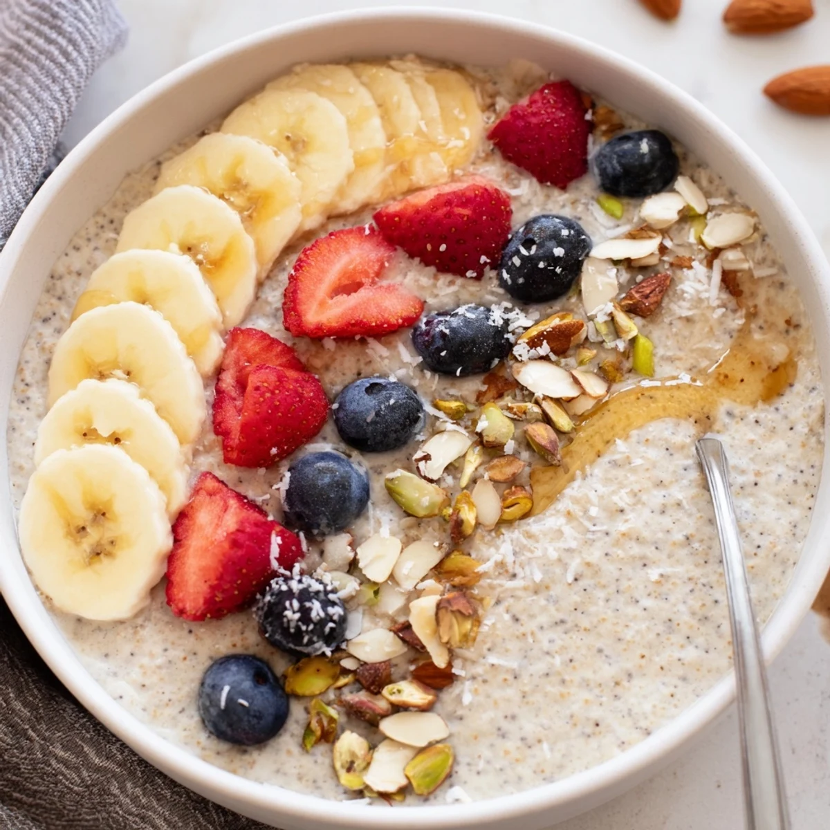 Vanilla Cardamom Teff Porridge Breakfast Bowl served hot with sliced banana and coconut