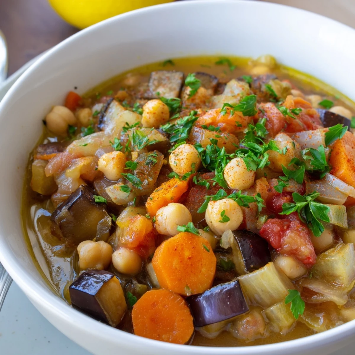 Steaming bowl of Smoky Chickpea and Roasted Eggplant Hearty Soup, fragrant