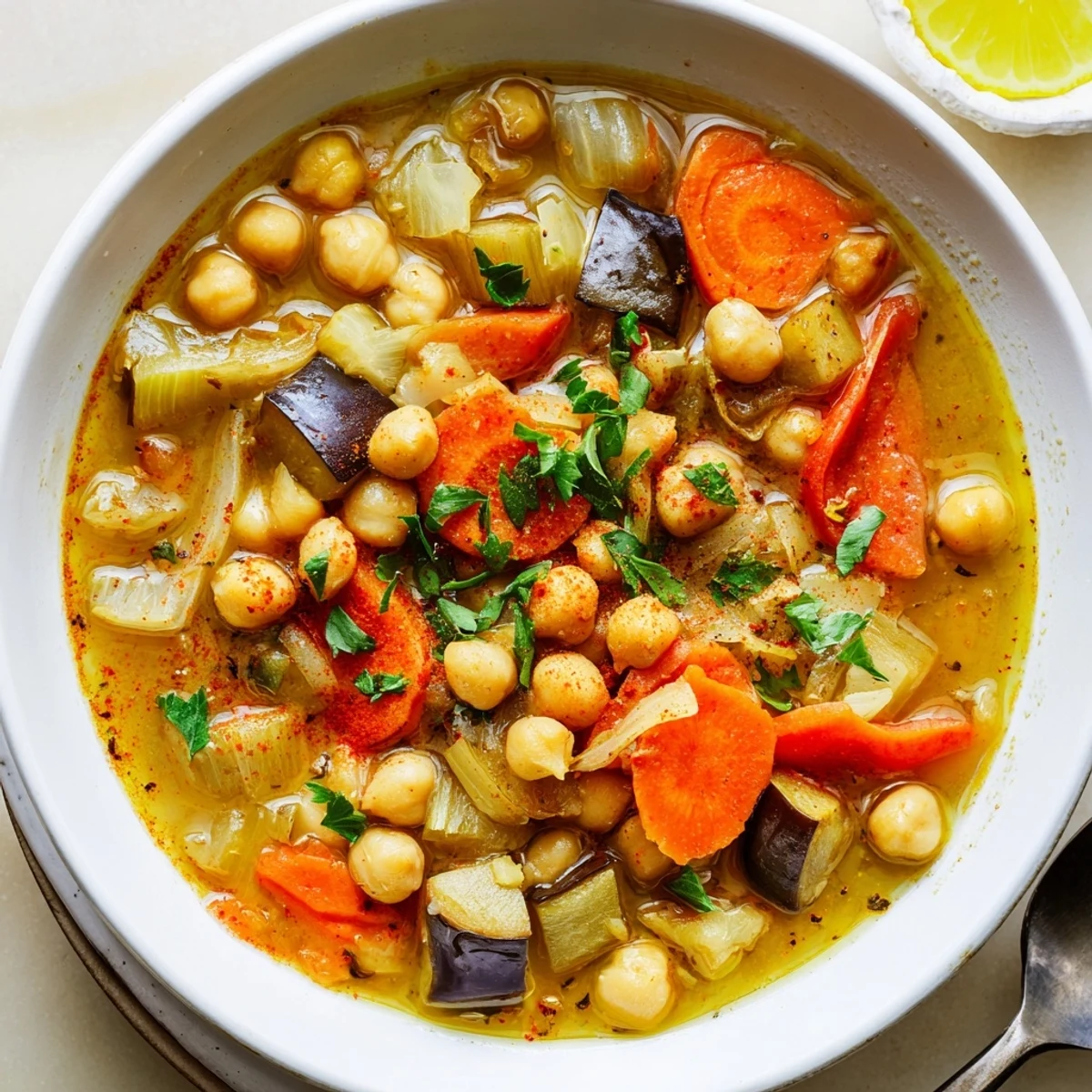 Rustic bowl holds Smoky Chickpea and Roasted Eggplant Hearty Soup, parsley and lemon wedge