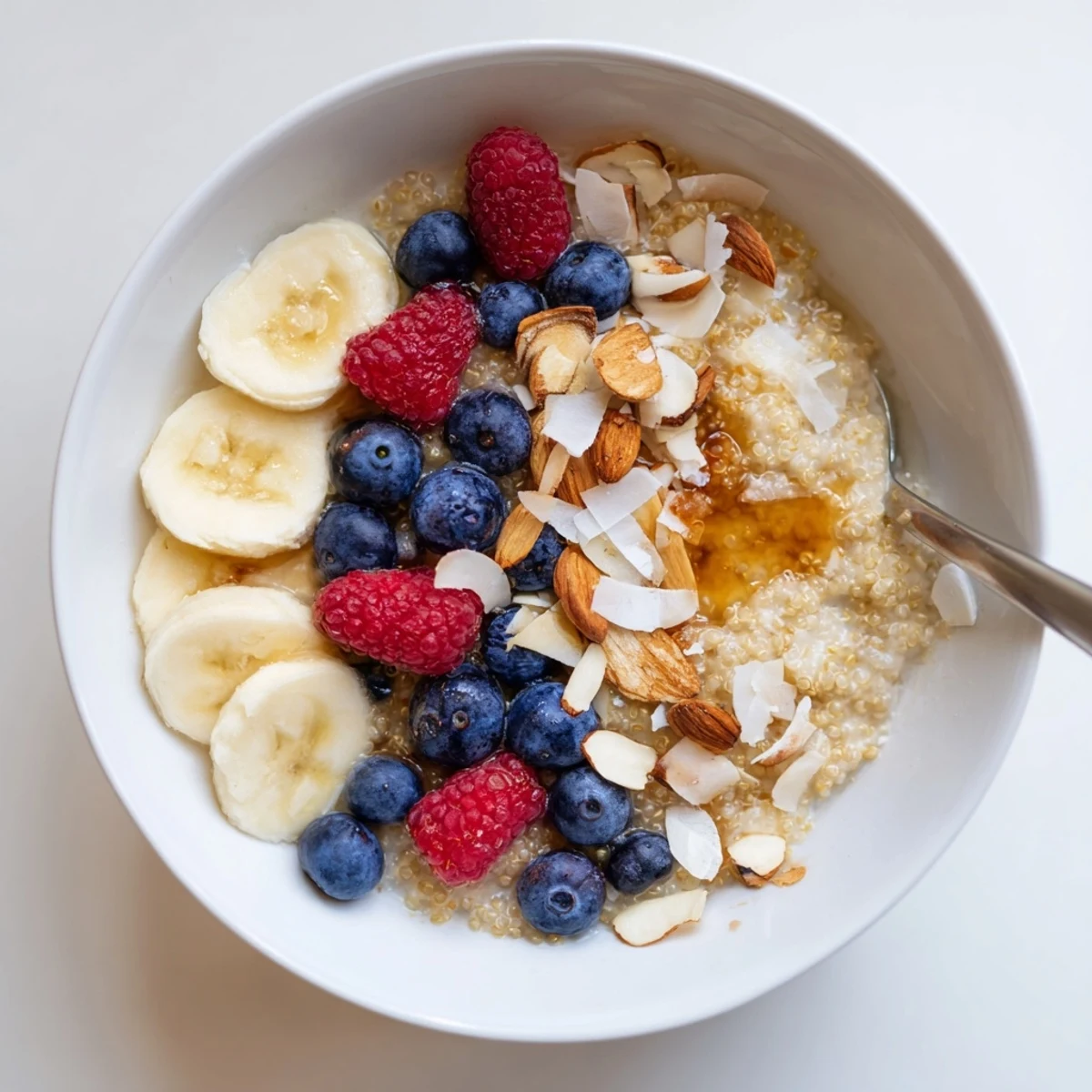 Steaming vanilla maple quinoa flake porridge topped with fresh berries and banana slices