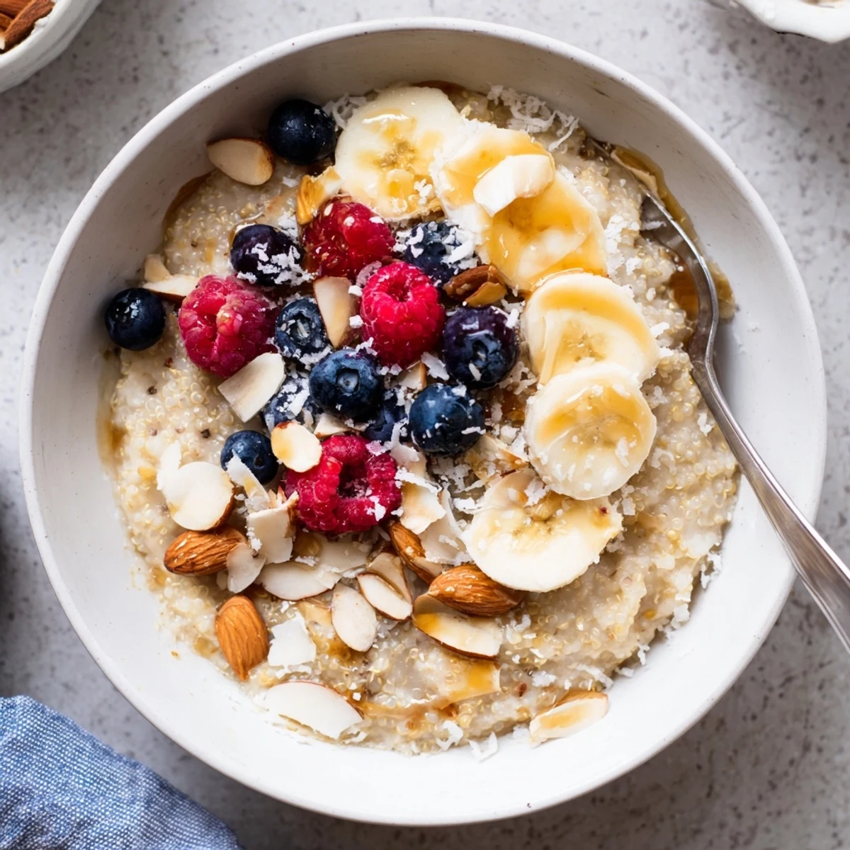 Warm vanilla maple quinoa flake porridge garnished with toasted nuts and colorful fresh fruit