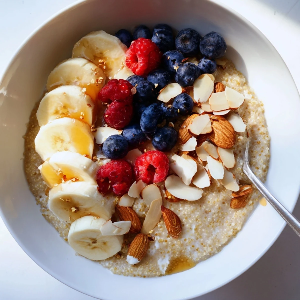 Creamy vanilla maple quinoa flake porridge drizzled with maple syrup in a cozy bowl