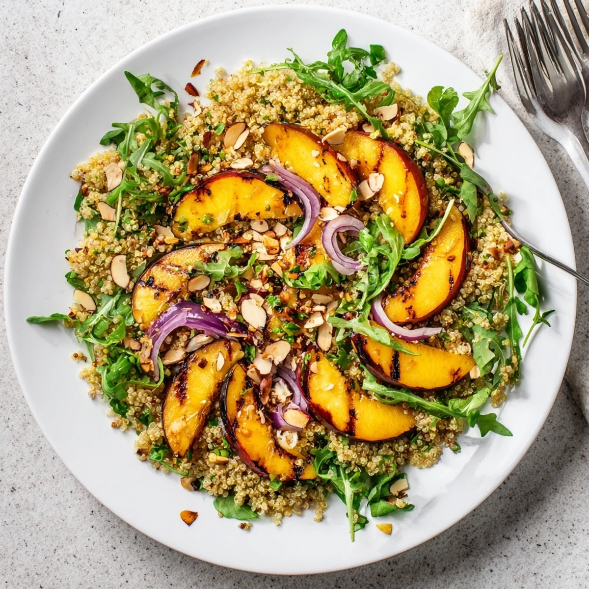 Vibrant grilled nectarine lime quinoa grain salad drizzled with zesty citrus dressing on rustic plate