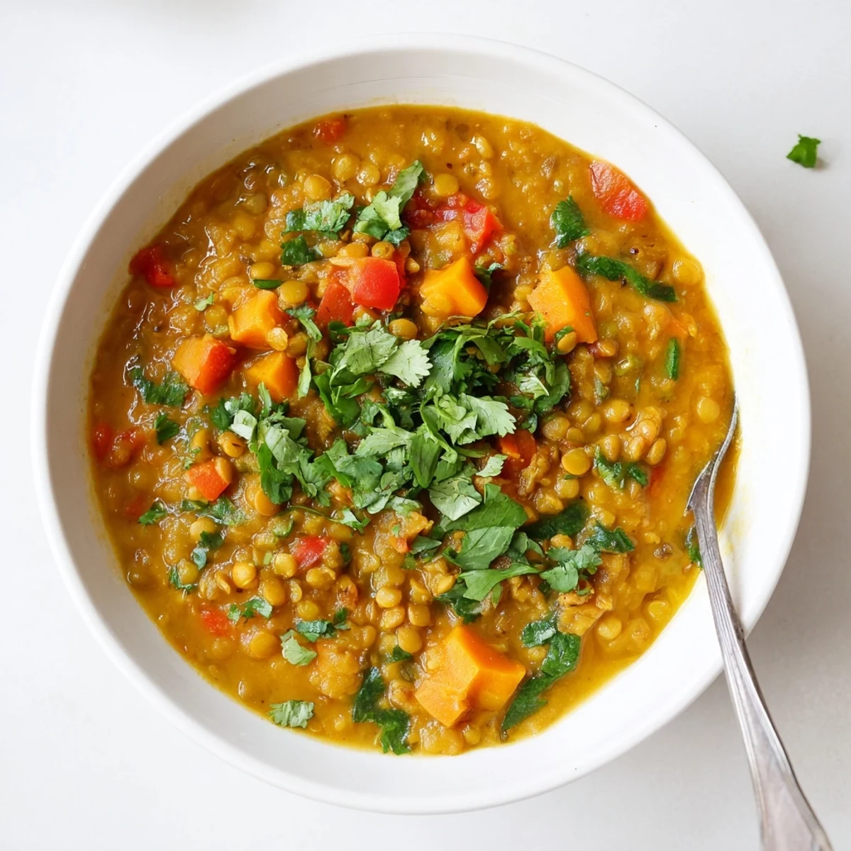 A steaming bowl of Spiced Coconut Tomato Green Lentil Soup topped with fresh cilantro leaves and a drizzle of creamy coconut milk.