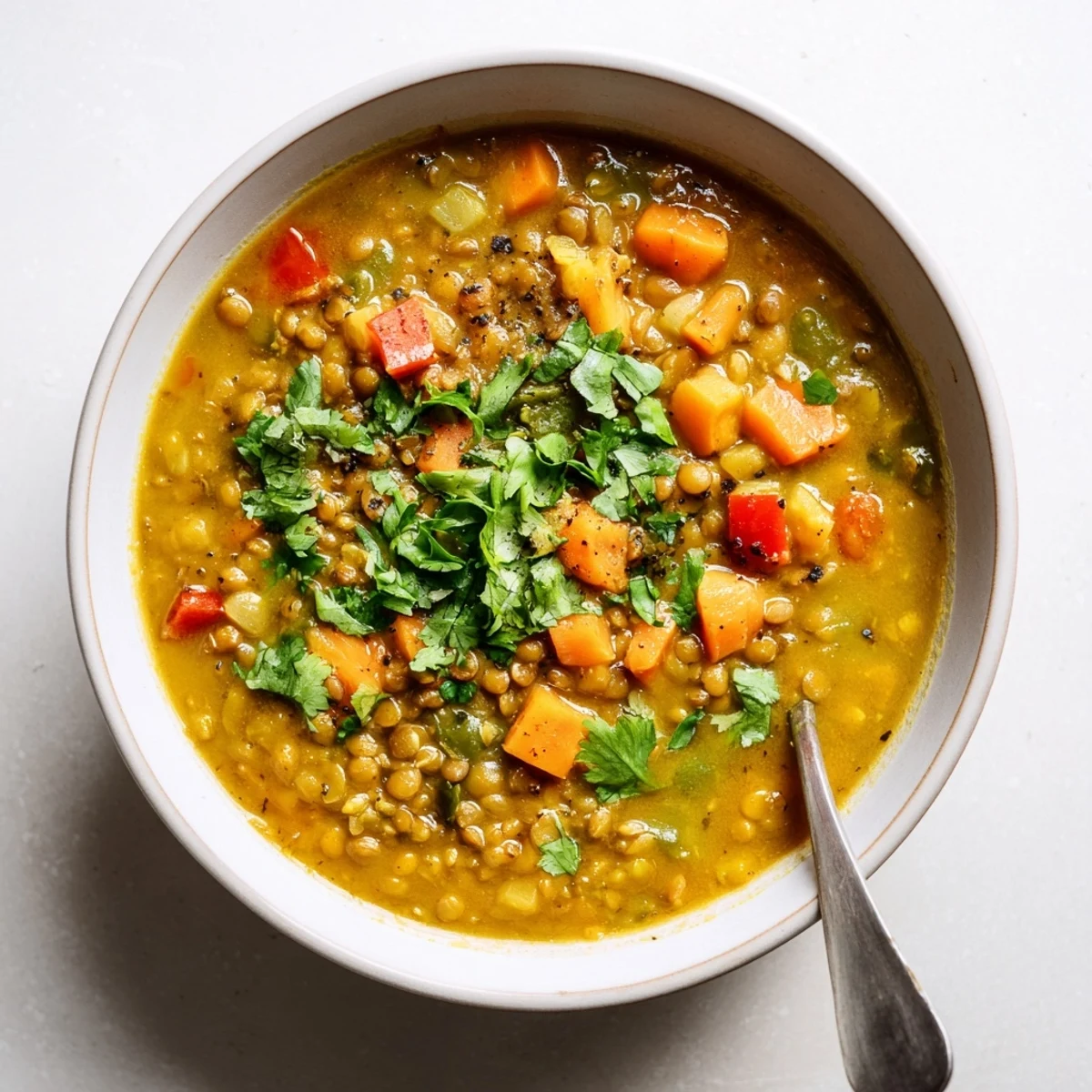 Golden-hued Spiced Coconut Tomato Green Lentil Soup served in a rustic ceramic bowl with warm crusty bread on the side.