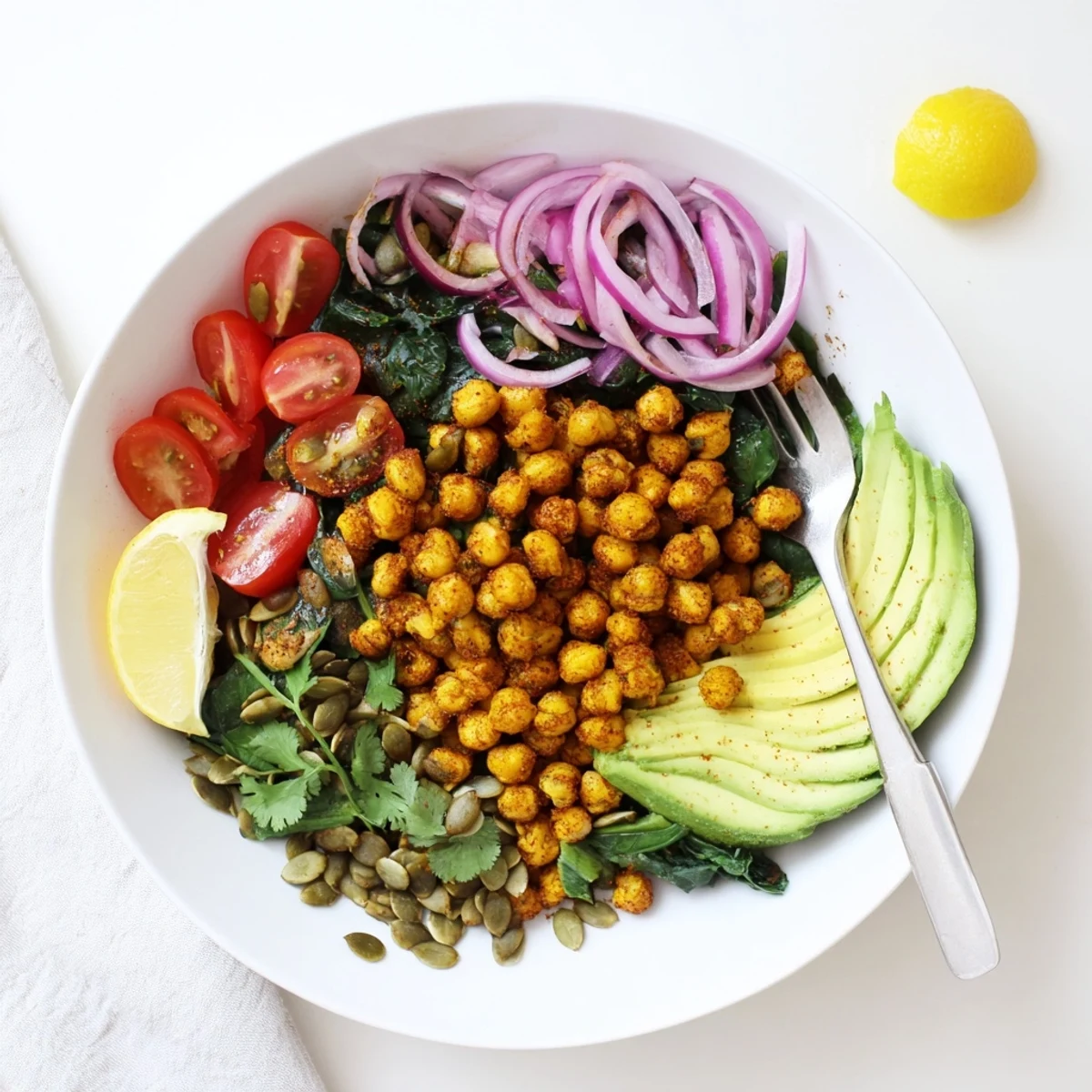 Savory turmeric chickpea and Swiss chard breakfast bowl garnished with pumpkin seeds and tomatoes