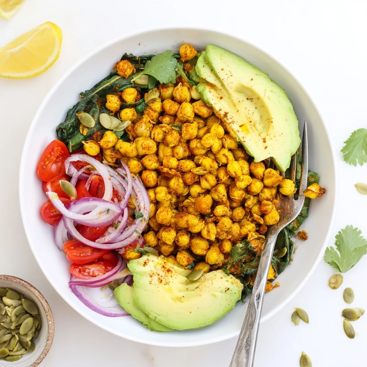 Golden turmeric chickpea breakfast bowl topped with creamy avocado and fresh greens
