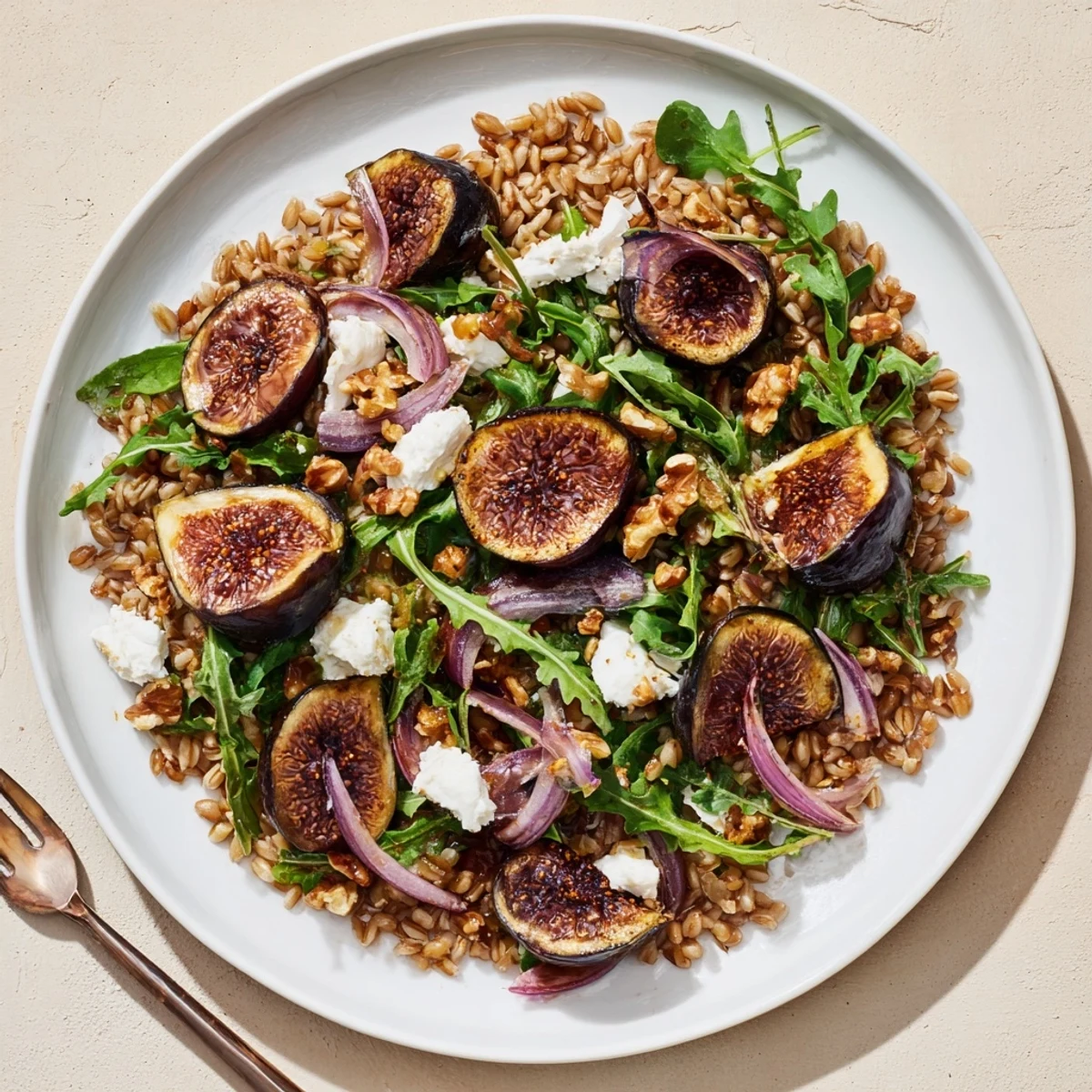 Roasted Fig Rosemary Farro Grain Salad topped with creamy goat cheese and toasted walnuts