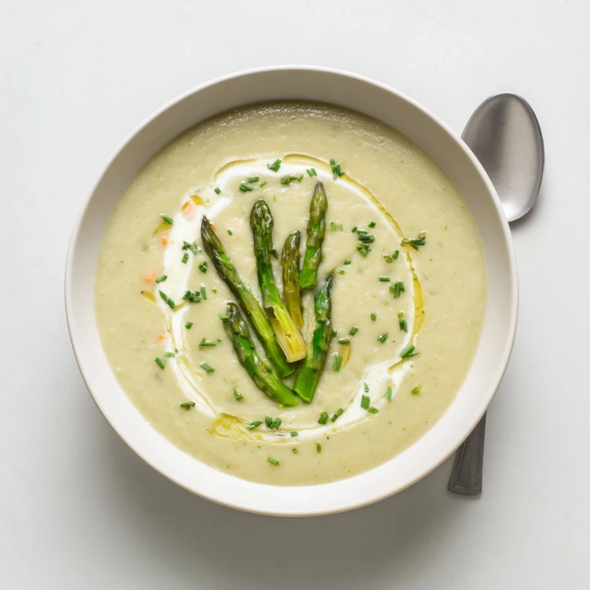 Steaming bowl of creamy roasted asparagus tip and white bean hearty soup topped with golden roasted asparagus