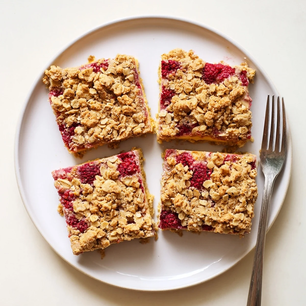 Raspberry lemon cashew cream crumble squares with golden oat topping and vibrant berry layer