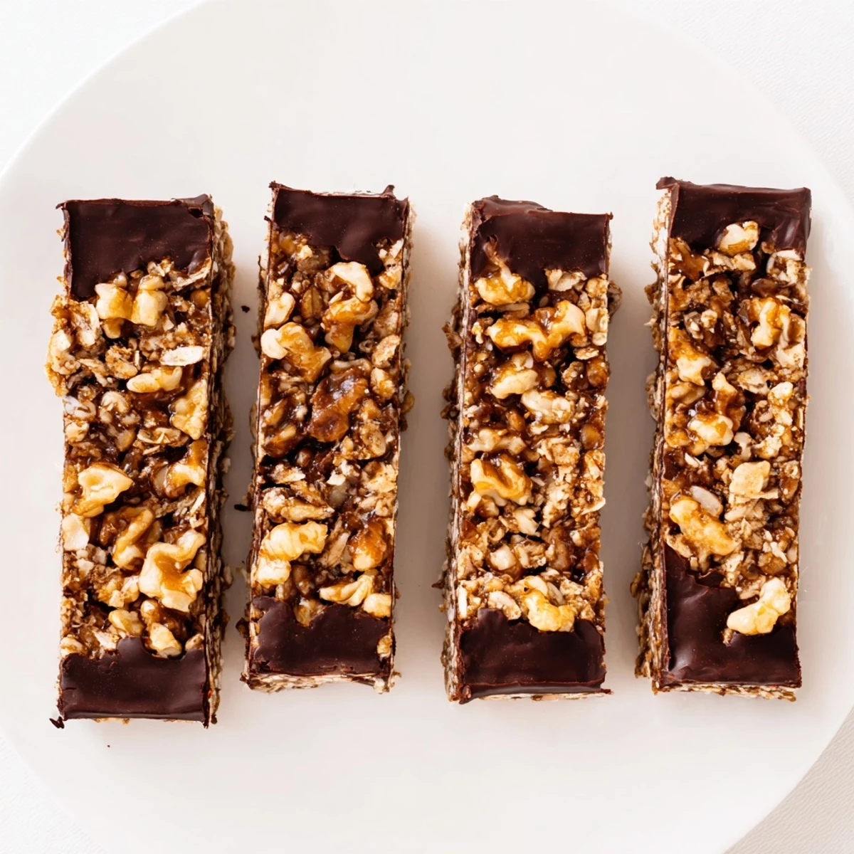 Dark Chocolate Walnut Coconut Date Crunch Bars sliced and drizzled with glossy melted chocolate topping