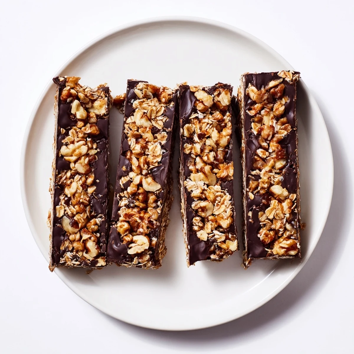Chewy Dark Chocolate Walnut Coconut Date Crunch Bars topped with a thick chocolate layer on parchment