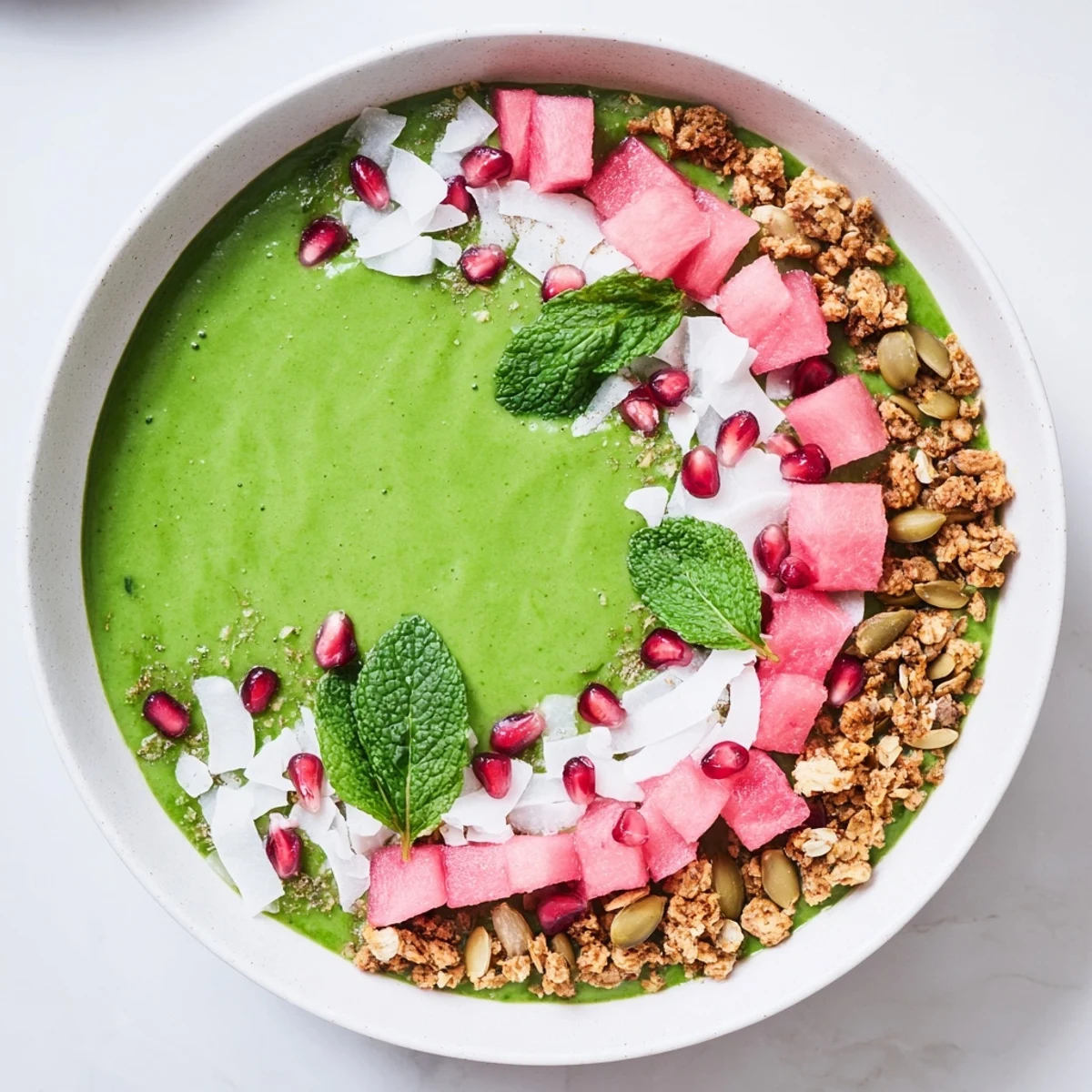 Creamy green guava coconut matcha chia breakfast bowl topped with tropical fruits and granola