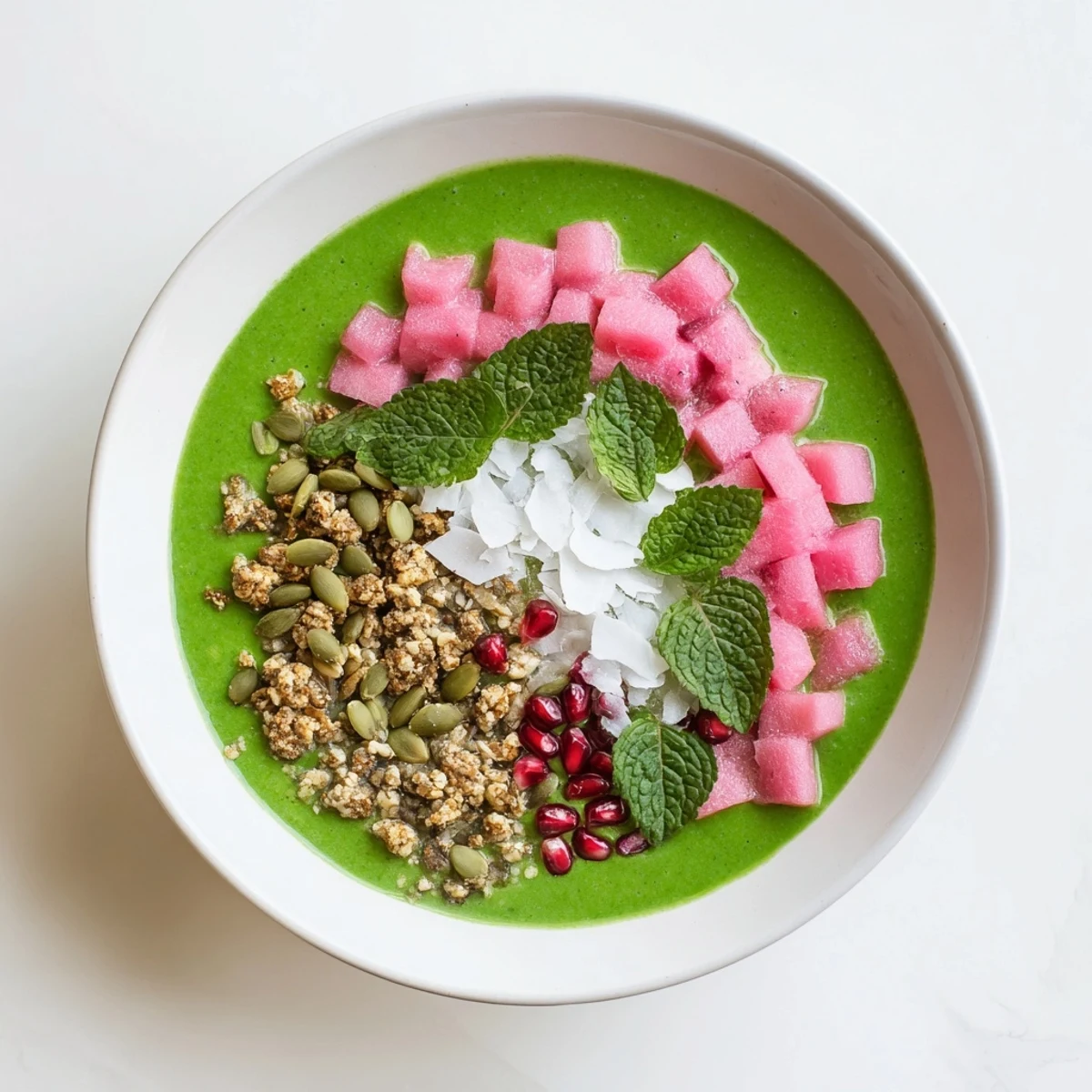 Tropical guava coconut matcha chia breakfast bowl crowned with pomegranate arils and toasted coconut flakes