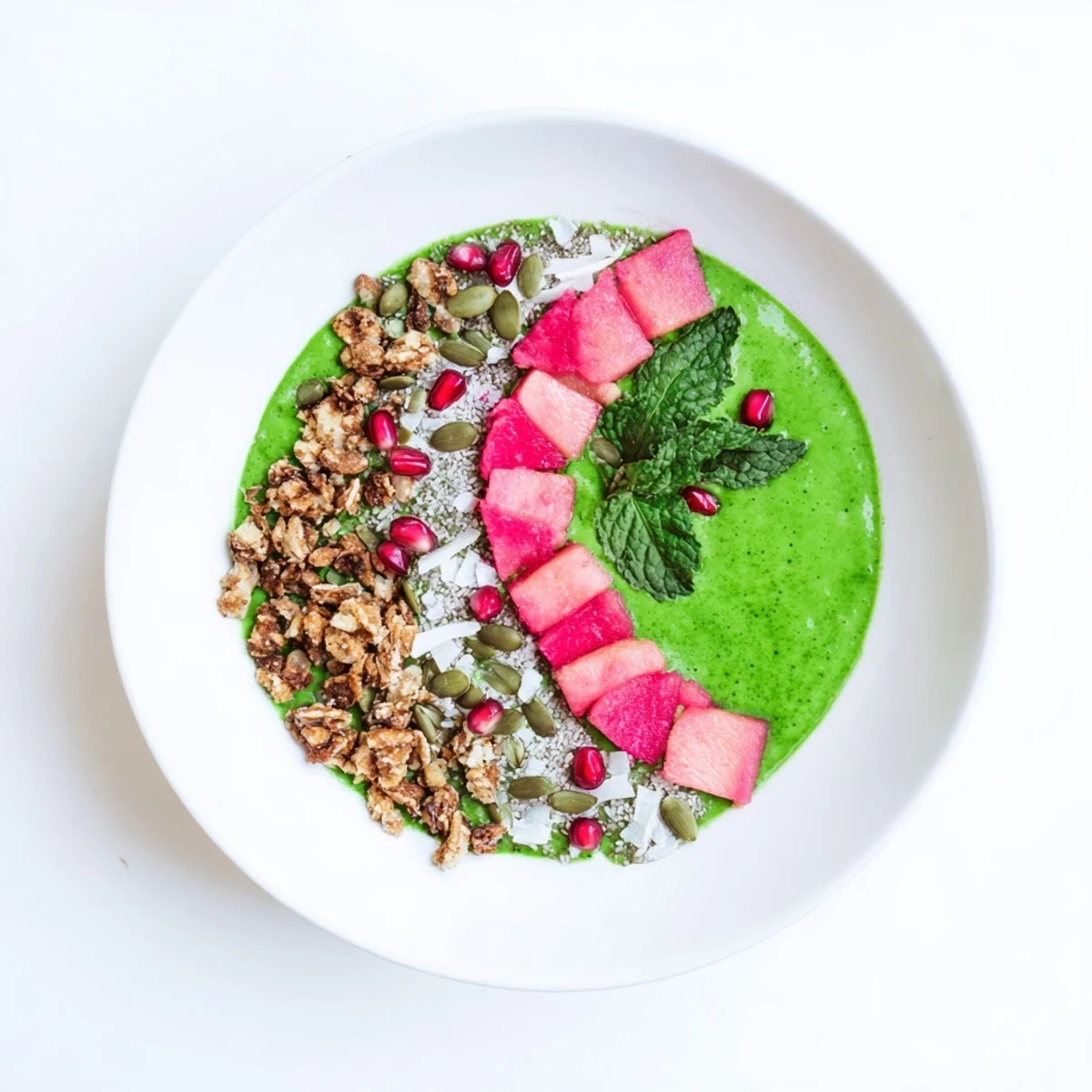 Vibrant guava coconut matcha chia breakfast bowl swirled with coconut milk and fresh guava chunks