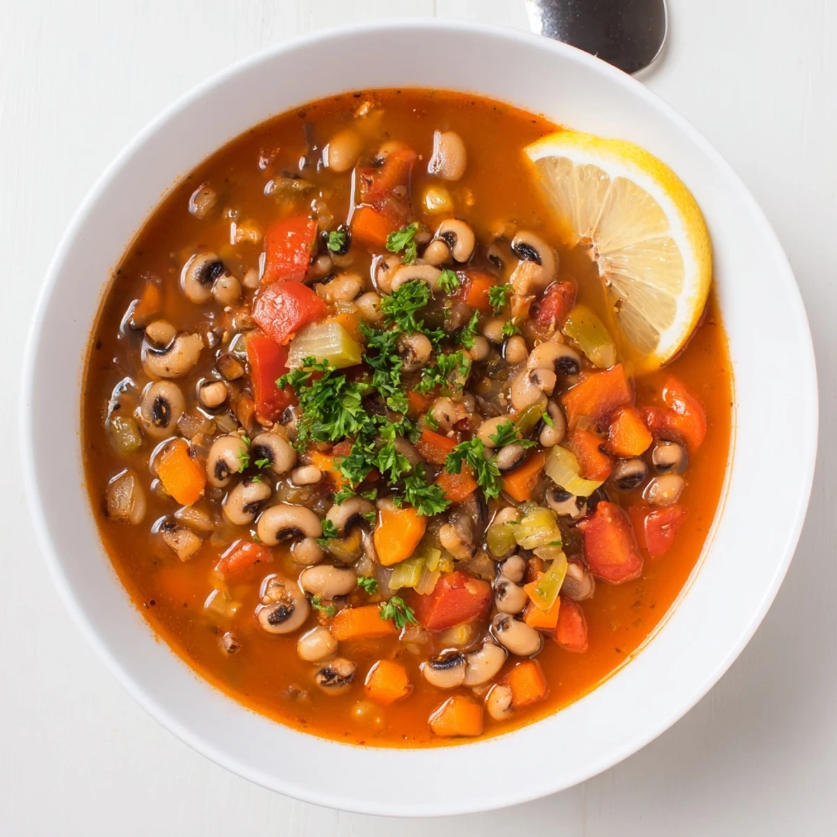 Smoky black eyed pea and roasted pepper hearty soup garnished with fresh parsley in a rustic bowl
