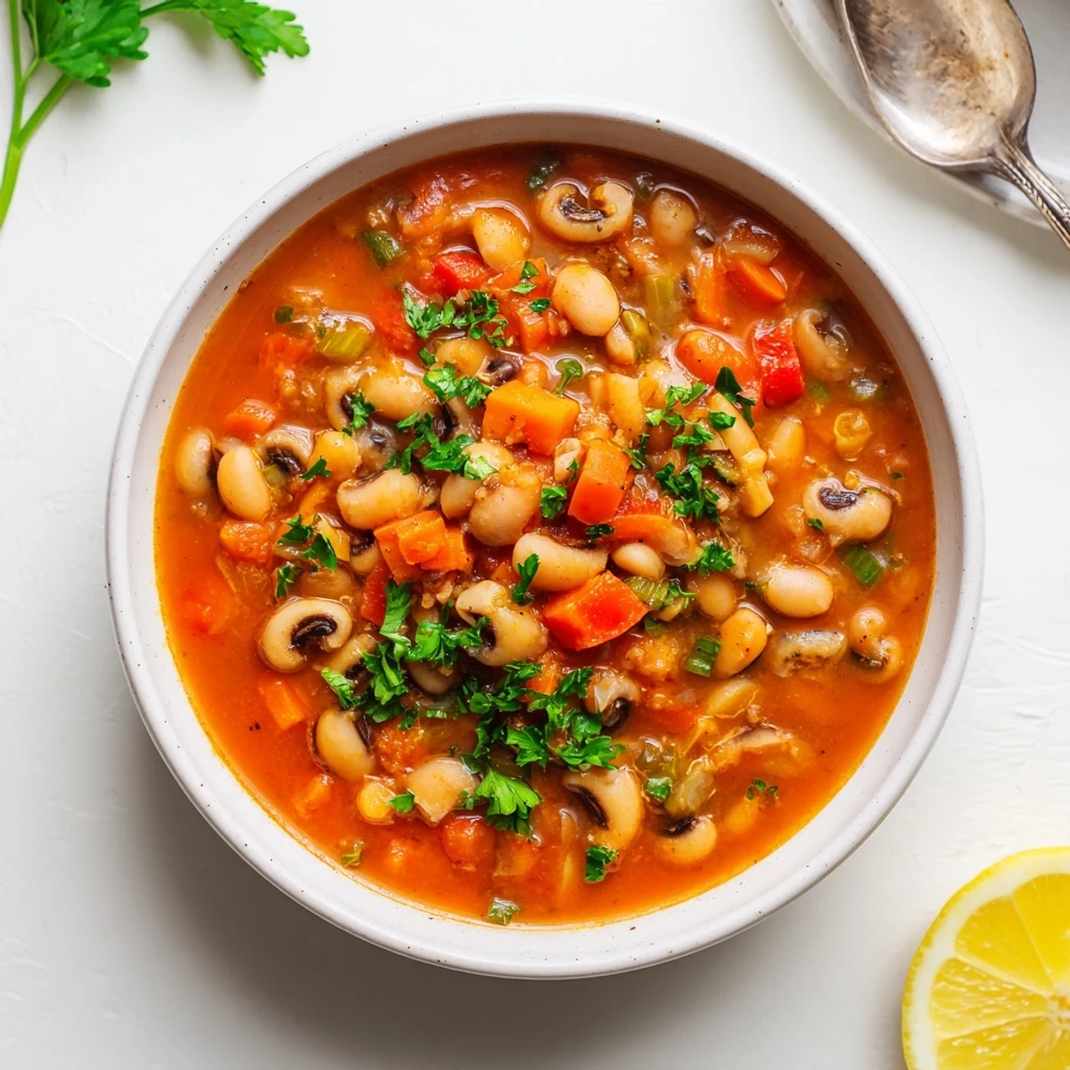 A steaming ladle of smoky black eyed pea and roasted pepper hearty soup with crusty bread alongside